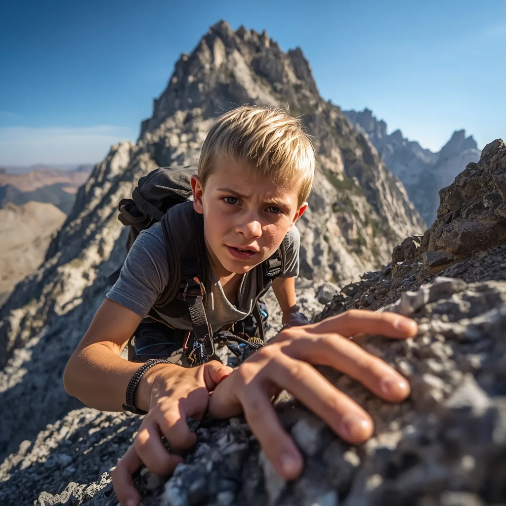 A Boy's Determined Climb on a Rocky Mountain Face – cute boy ai prompts – AI generated example