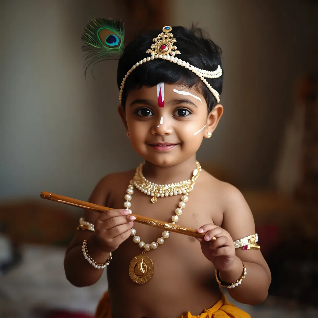 A Young Boy Dressed Adorably as Lord Krishna for Janmashtami – cute boy ai prompts – AI generated example