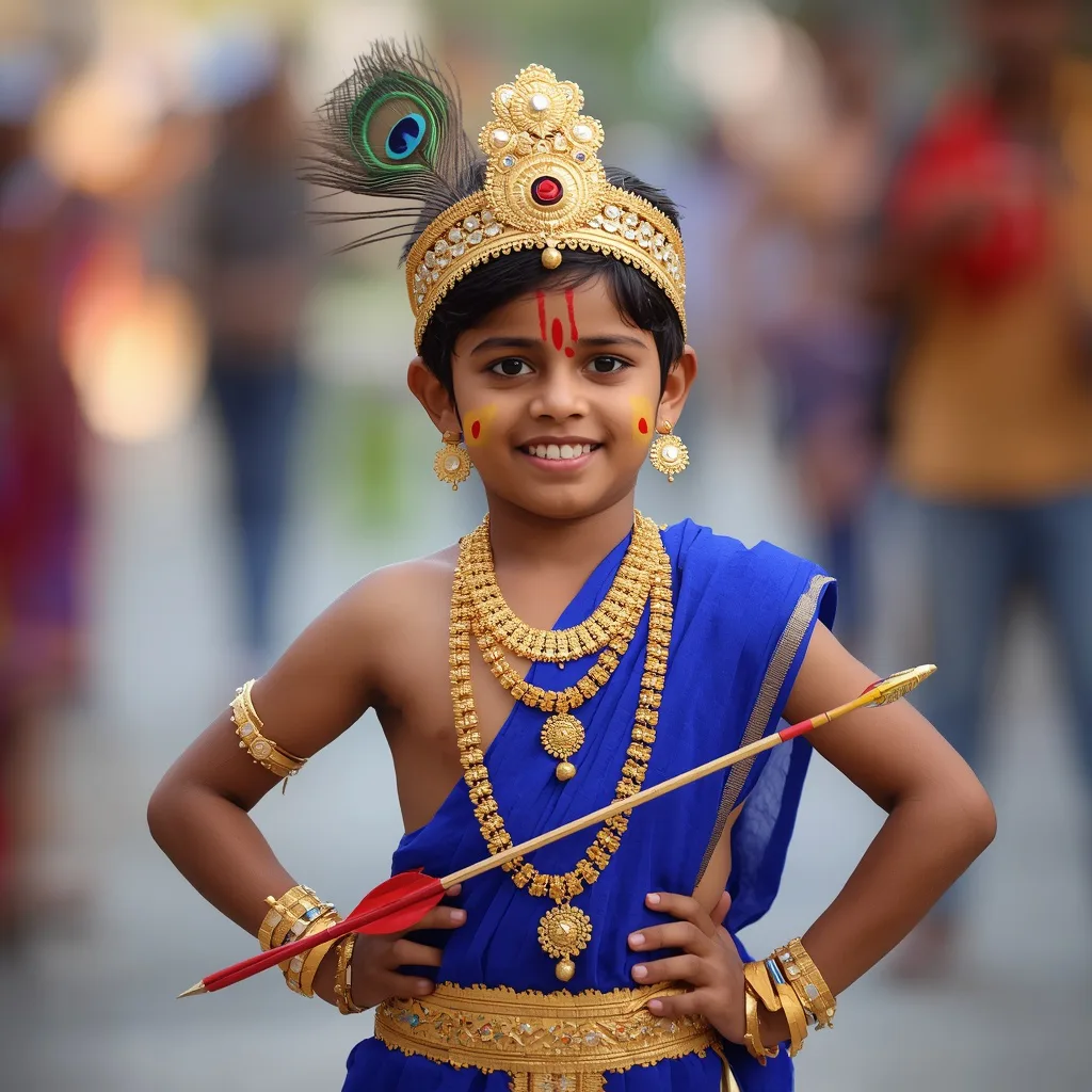 A Young Boy Joyfully Dressed as Lord Rama for Dussehra Celebrations – cute boy ai prompts – AI generated example