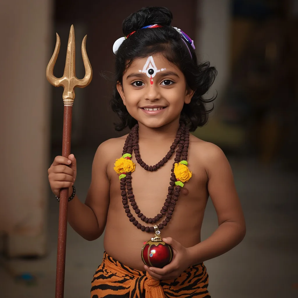 A Young Boy Joyfully Dressed as Lord Shiva for Mahashivratri Celebration – cute boy ai prompts – AI generated example