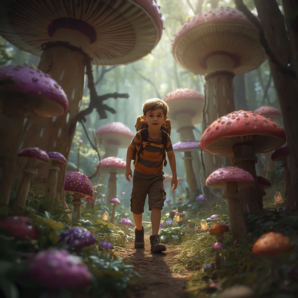 A Young Boy's Adventure in a Giant Mushroom Forest – cute boy ai prompts – AI generated example