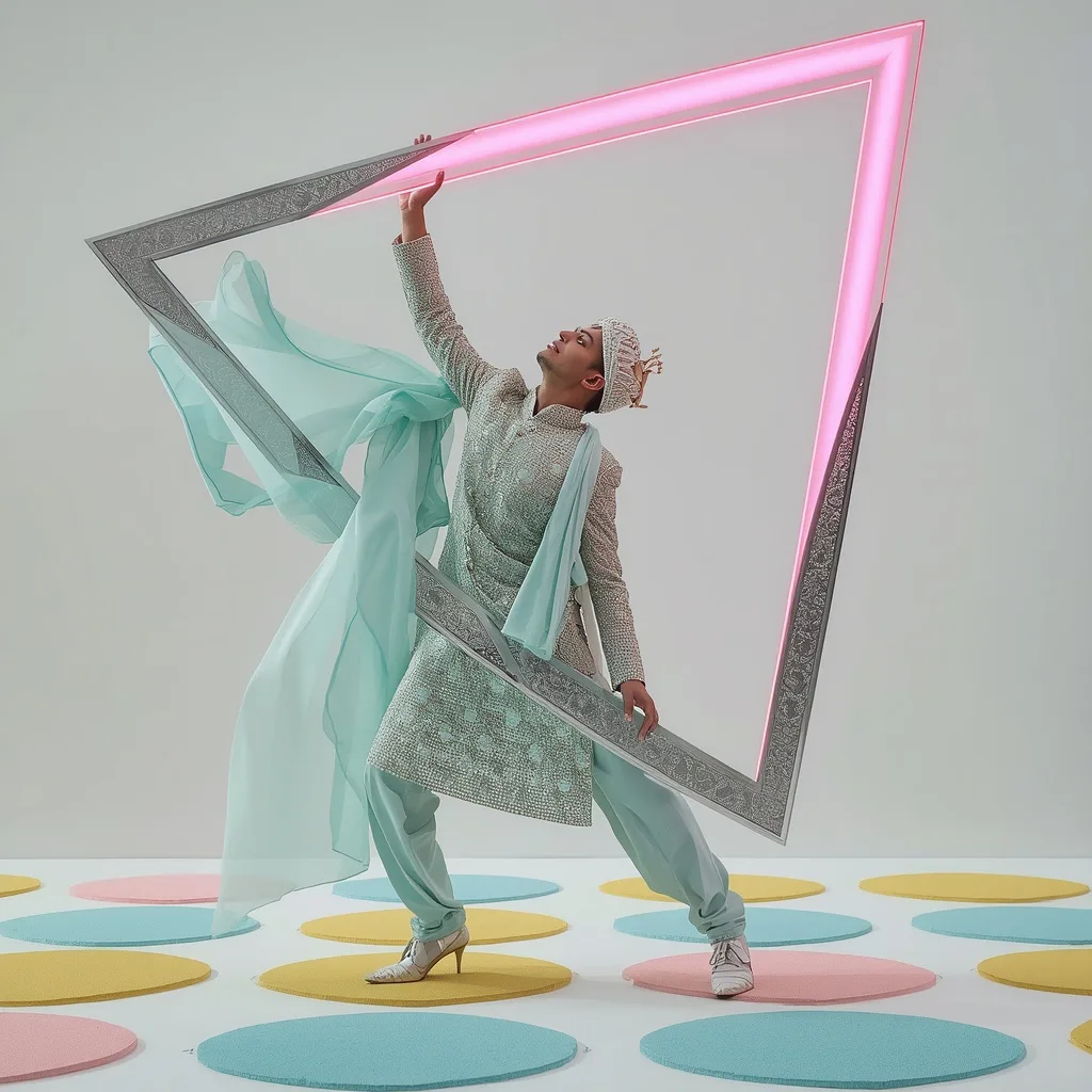 Crystal Embellished Sherwani: Dynamic Pose with Acrylic Prop – stylish modern ai prompts – AI generated example