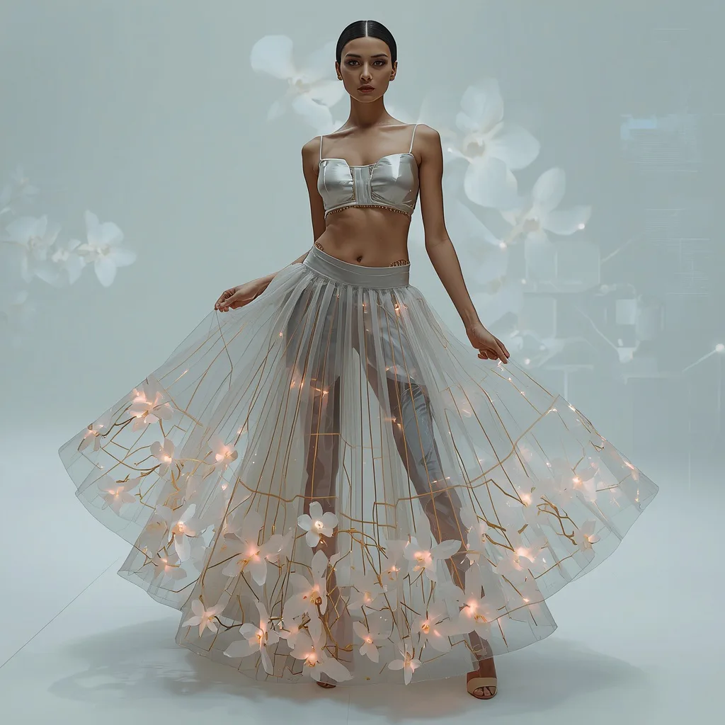 Data Orchid Lehenga: Model in Tech-Infused Floral Design – stylish modern ai prompts – AI generated example