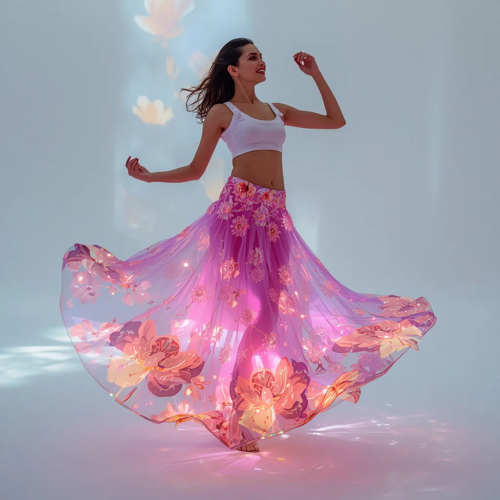 Digital Bloom Lehenga: Model in Animated Floral Patterns – stylish modern ai prompts – AI generated example