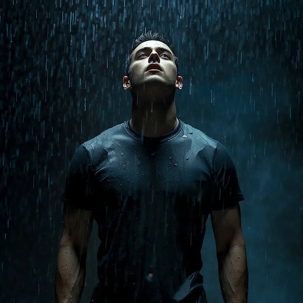Expressive Male Model Soaked in a Dramatic Rain Shower – image men's professional ai prompts – AI generated example