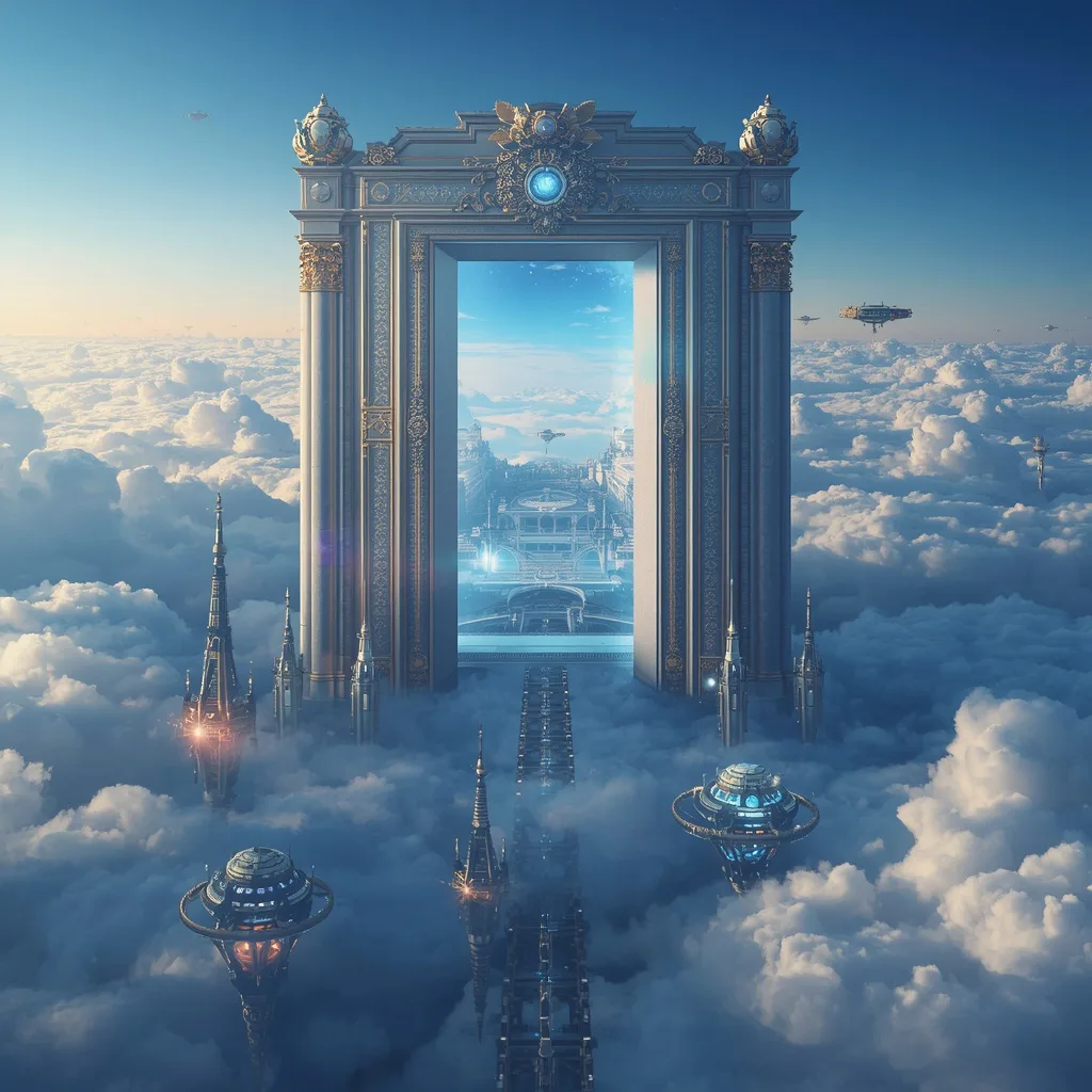 Floating Luxury Giant Door City Opening Into Infinite Hidden Realms – Dynamic Motorcycle Action Shots prompts – AI generated example
