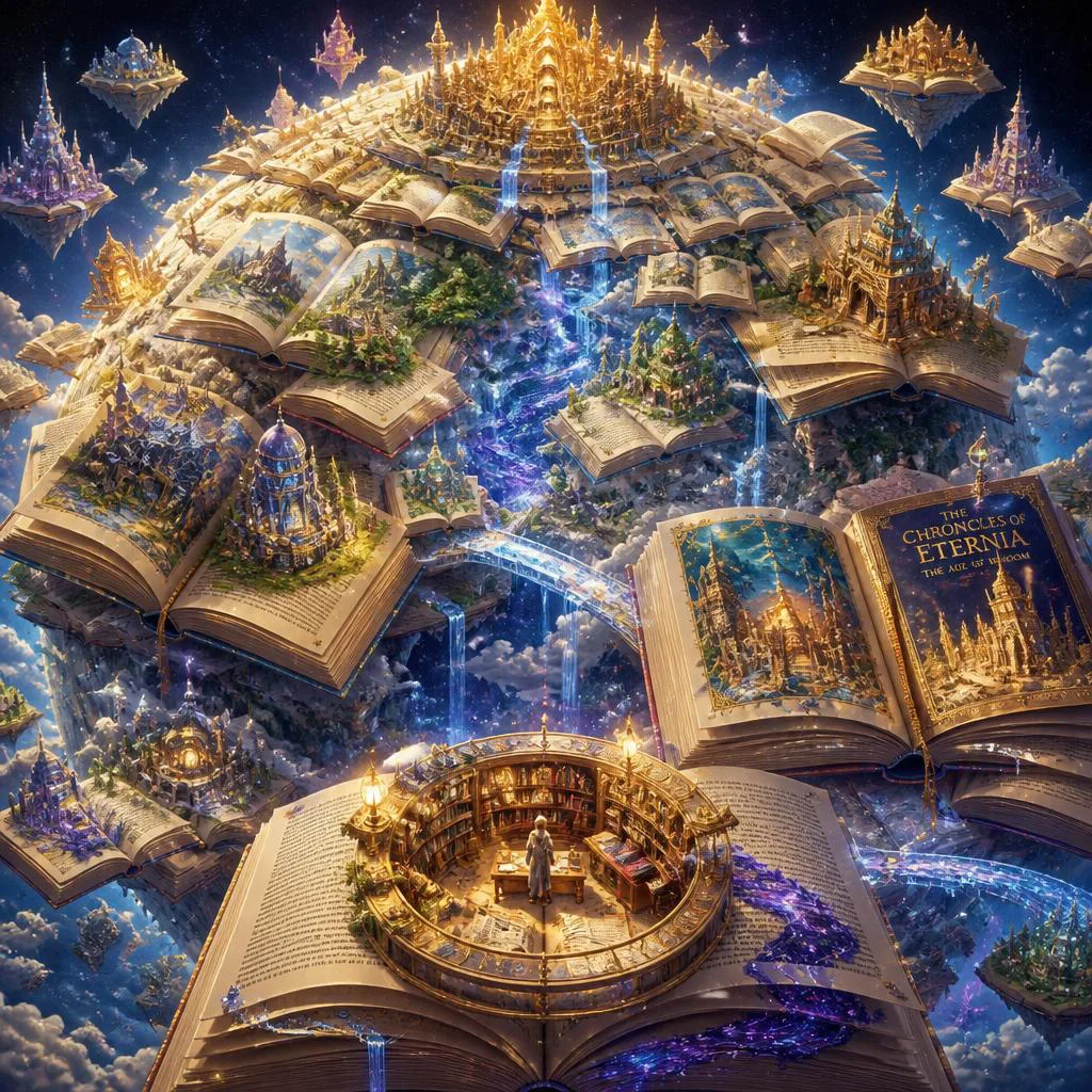 Floating Luxury Giant Library Planet Built From Endless Open Books – Dynamic Motorcycle Action Shots prompts – AI generated example