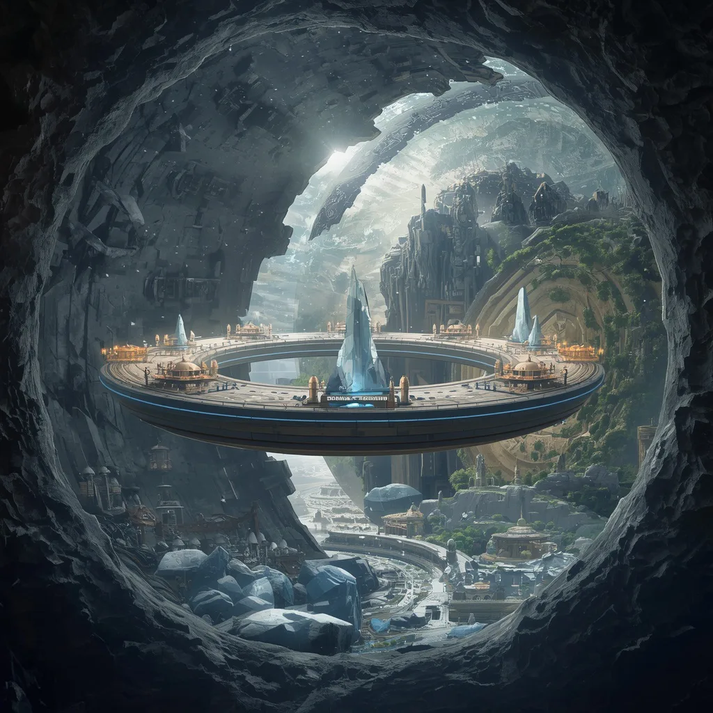 Floating Luxury Giant Ring World Suspended Inside Hollow Moon Interior – Dynamic Motorcycle Action Shots prompts – AI generated example