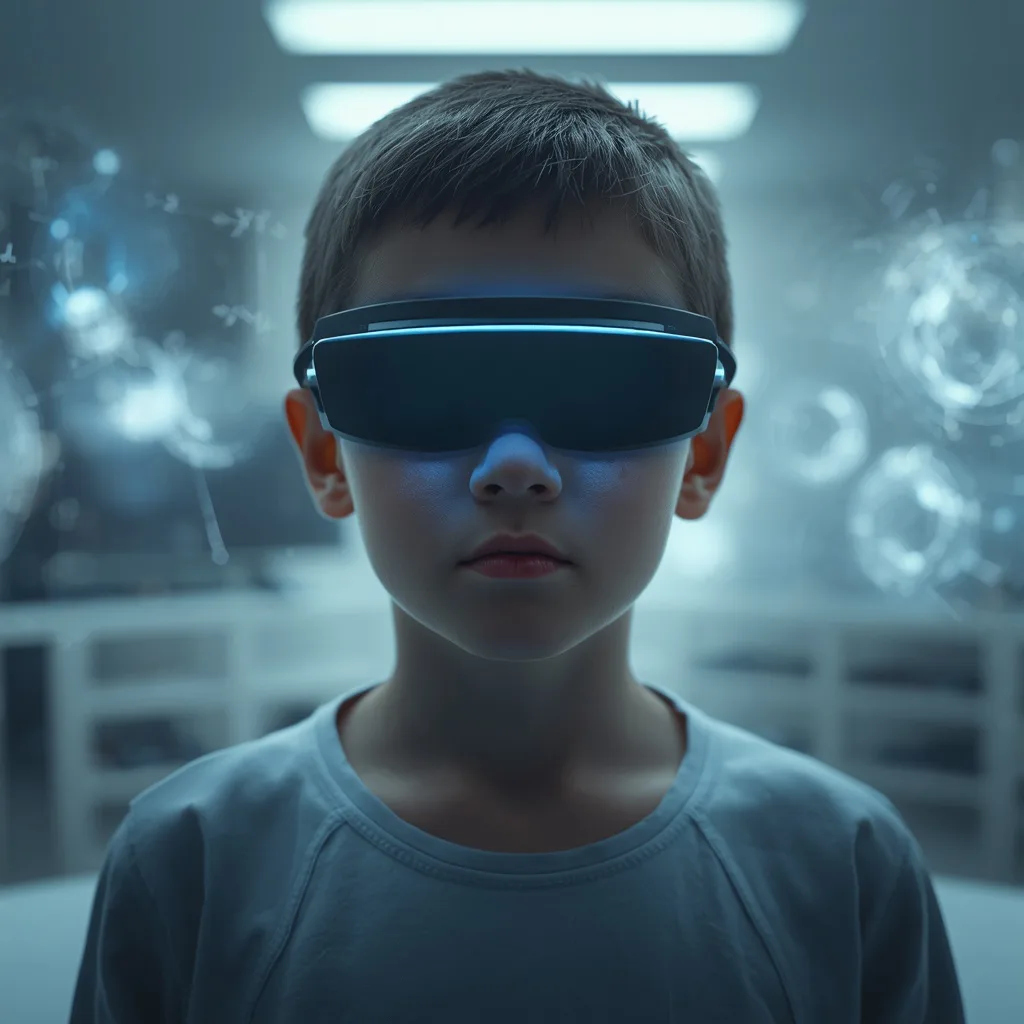 Future's Gaze: Child Prodigy in Augmented Reality Lab – cute boy ai prompts – AI generated example