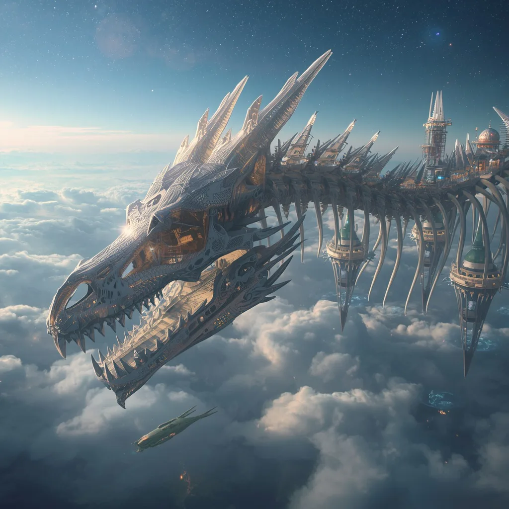 Giant Luxury Crystal Dragon Skeleton Converted Into Floating Civilization – Dynamic Motorcycle Action Shots prompts – AI generated example