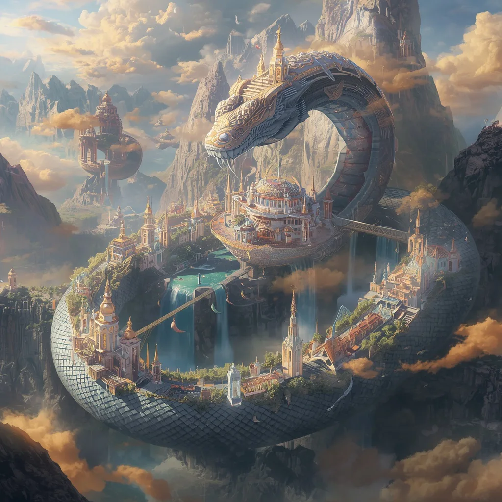 Giant Luxury Crystal Snake Kingdom Coiling Around Floating Mountains – Dynamic Motorcycle Action Shots prompts – AI generated example