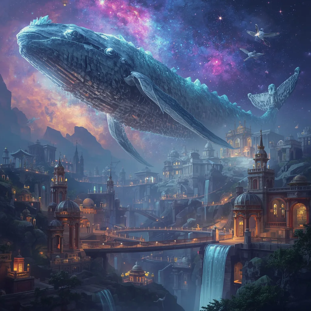 Giant Luxury Crystal Whale Cemetery Turned Into Celestial Kingdom – Dynamic Motorcycle Action Shots prompts – AI generated example