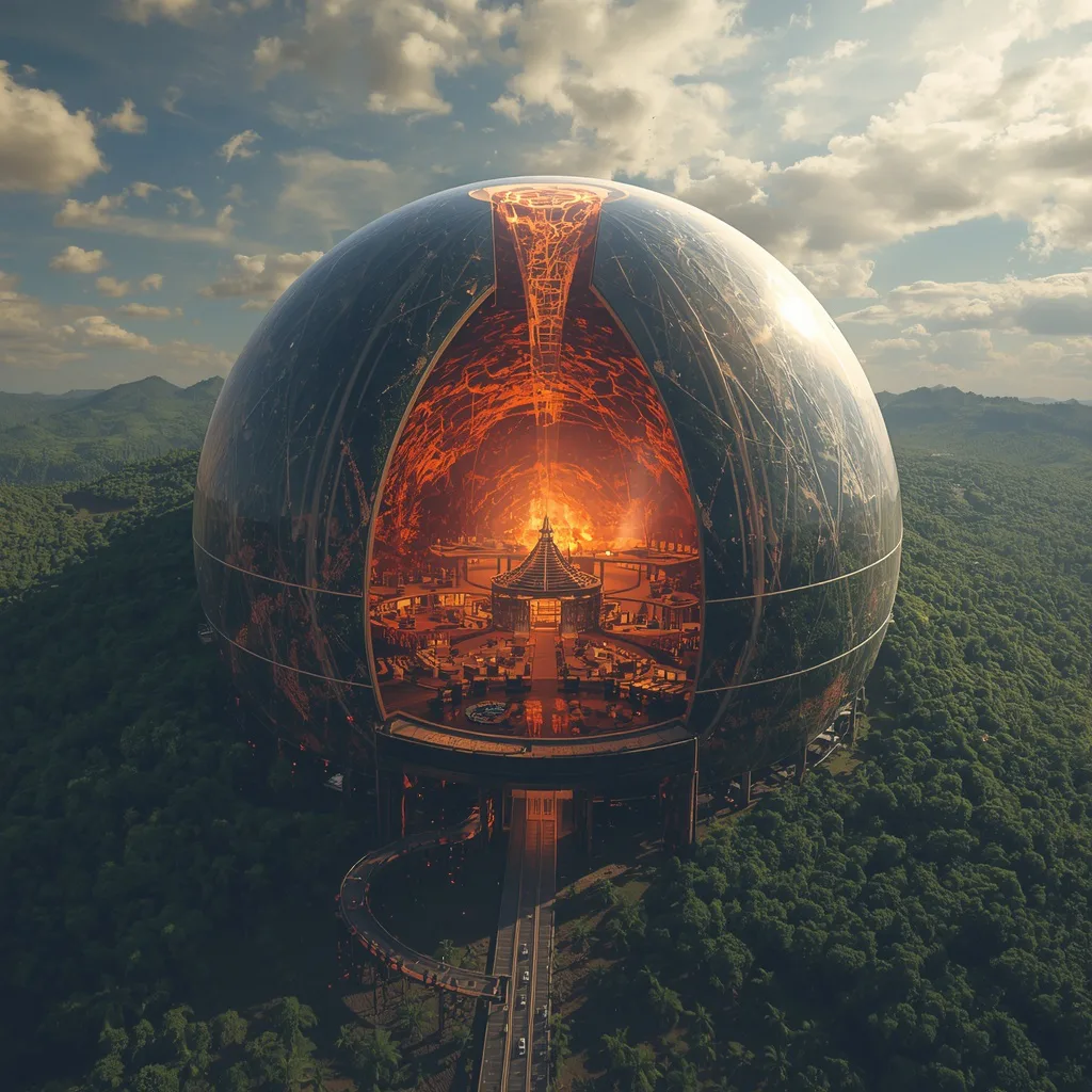 Giant Transparent Volcano Revealing Entire Hidden Civilization Within Core – Dynamic Motorcycle Action Shots prompts – AI generated example