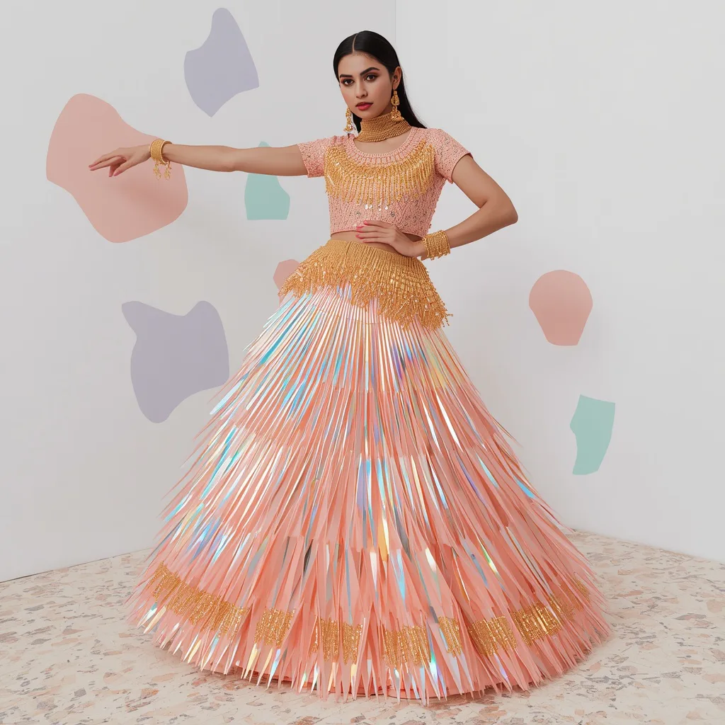 Holographic Zardozi Lehenga: Aggressive Stare, Oversized Terrazzo – stylish modern ai prompts – AI generated example