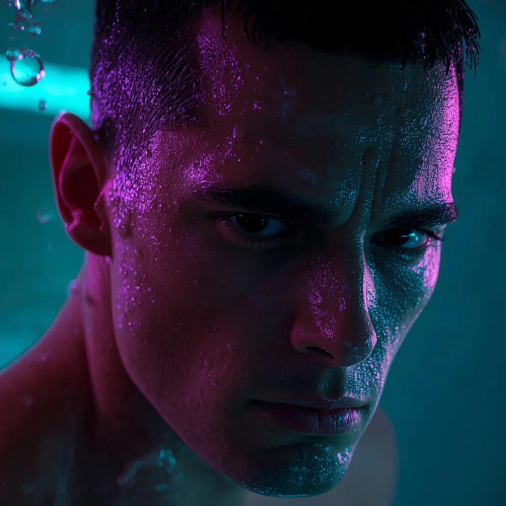 Hyper-Realistic Close-Up Portrait of a Man, Partially Submerged in Water – image men's professional ai prompts – AI generated example