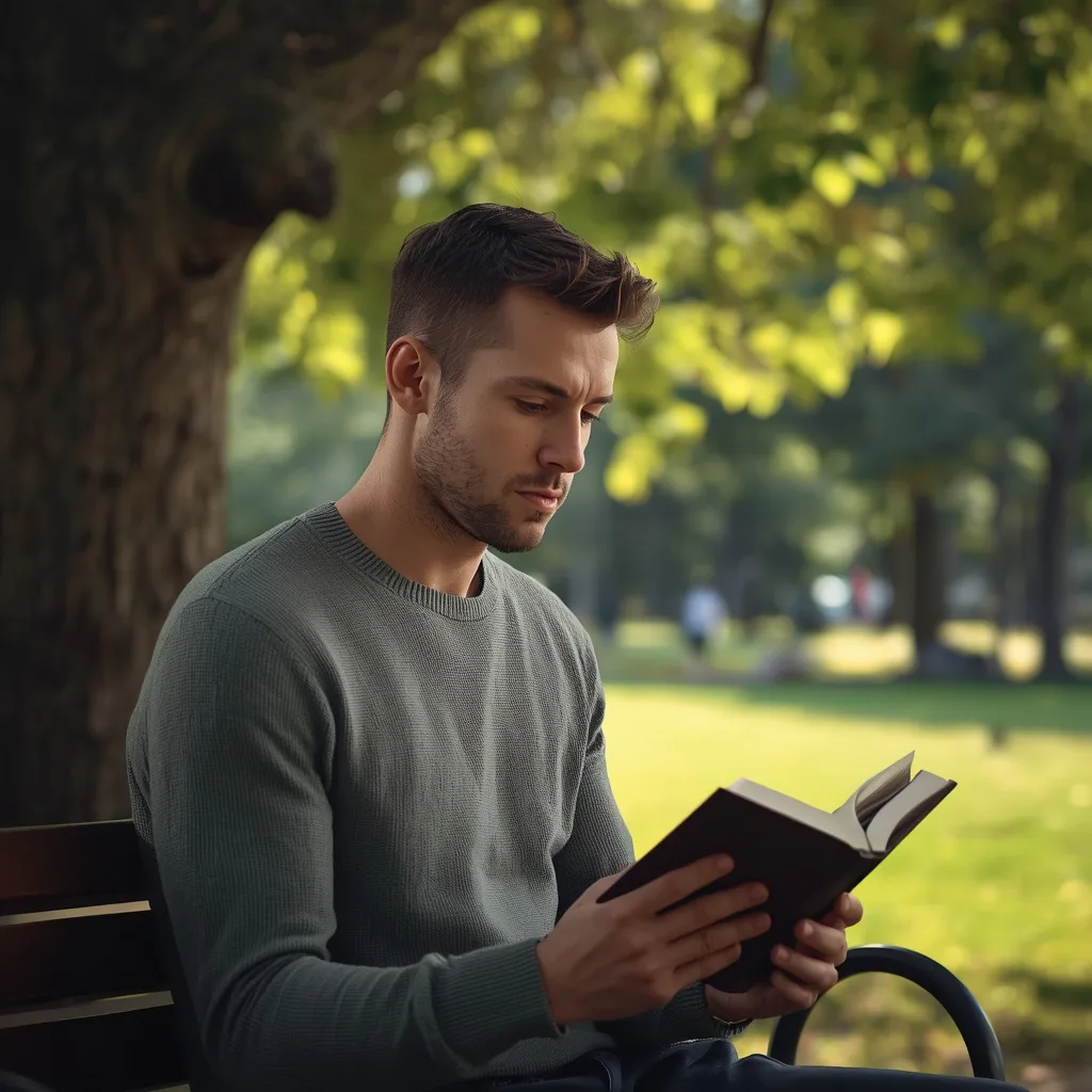 Man's Calm Expression While Reading a Book Outdoors – image men's professional ai prompts – AI generated example