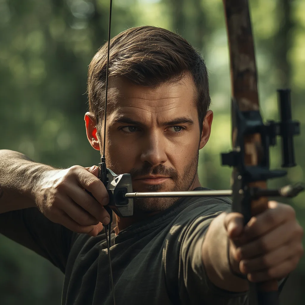 Man's Focused Practice of Archery in a Forest – image men's professional ai prompts – AI generated example