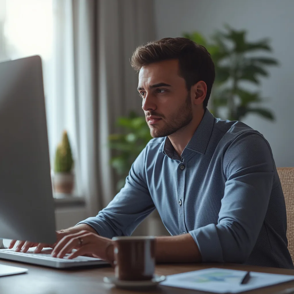 Man's Focused Work in a Home Office Setup – image men's professional ai prompts – AI generated example