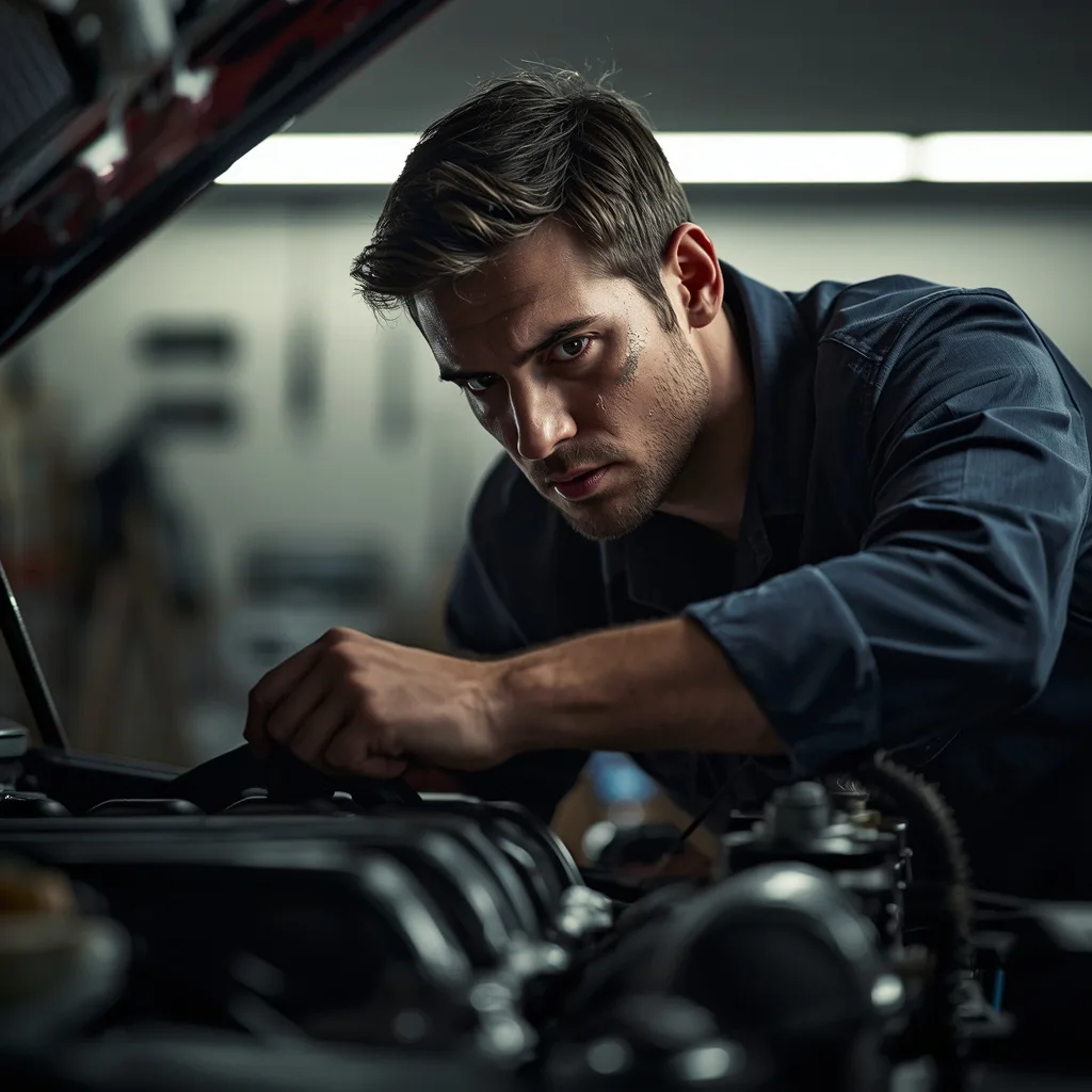 Man's Focused Work on a Car Engine in a Garage – image men's professional ai prompts – AI generated example