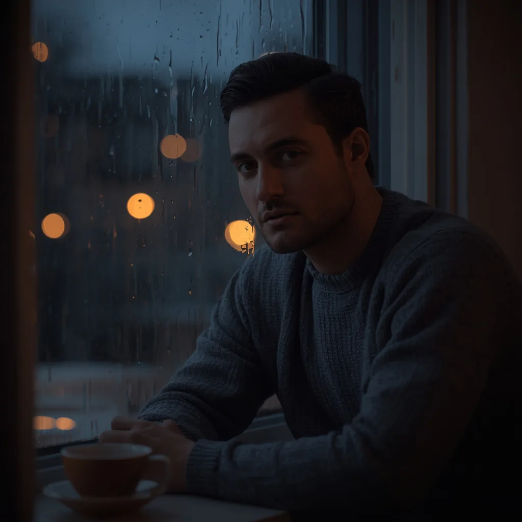 Man's Pensive Moment by a Rainy Window at Night – image men's professional ai prompts – AI generated example
