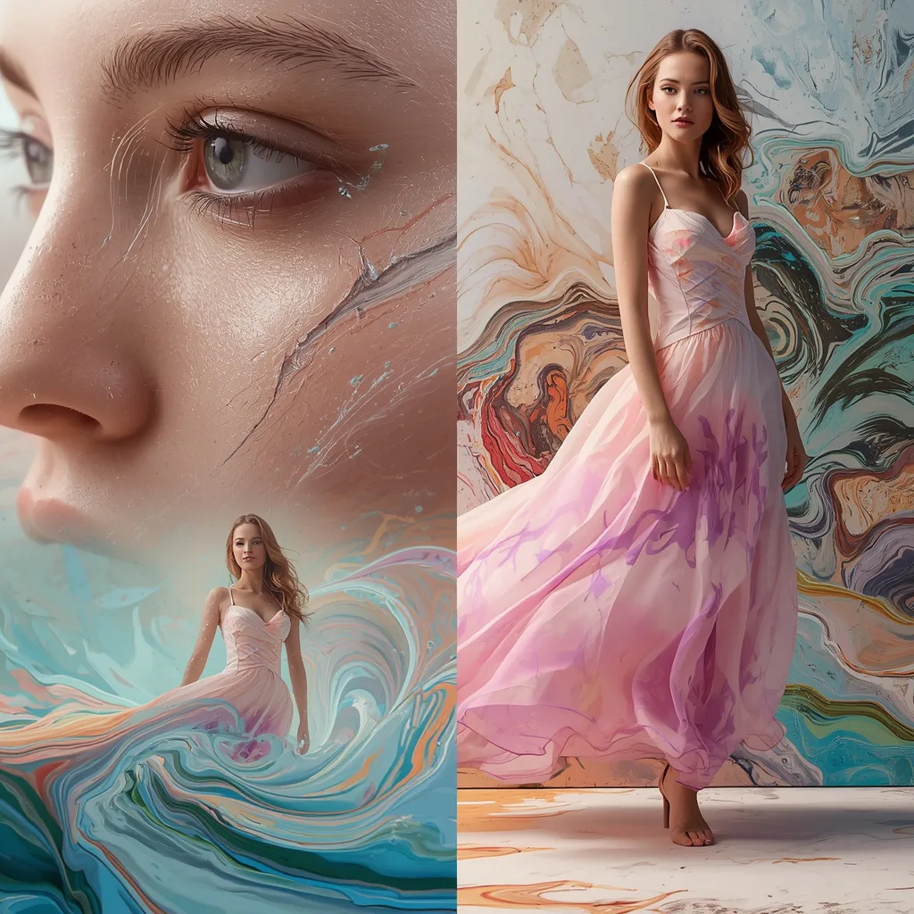 Paint Fusion Dress: Seamless Art, Reality, Cinematic Highlights – stylish modern ai prompts – AI generated example