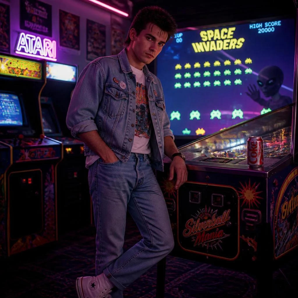 Retro 80s Arcade Scene with a Cool Man and Alien Invasion – image men's professional ai prompts – AI generated example