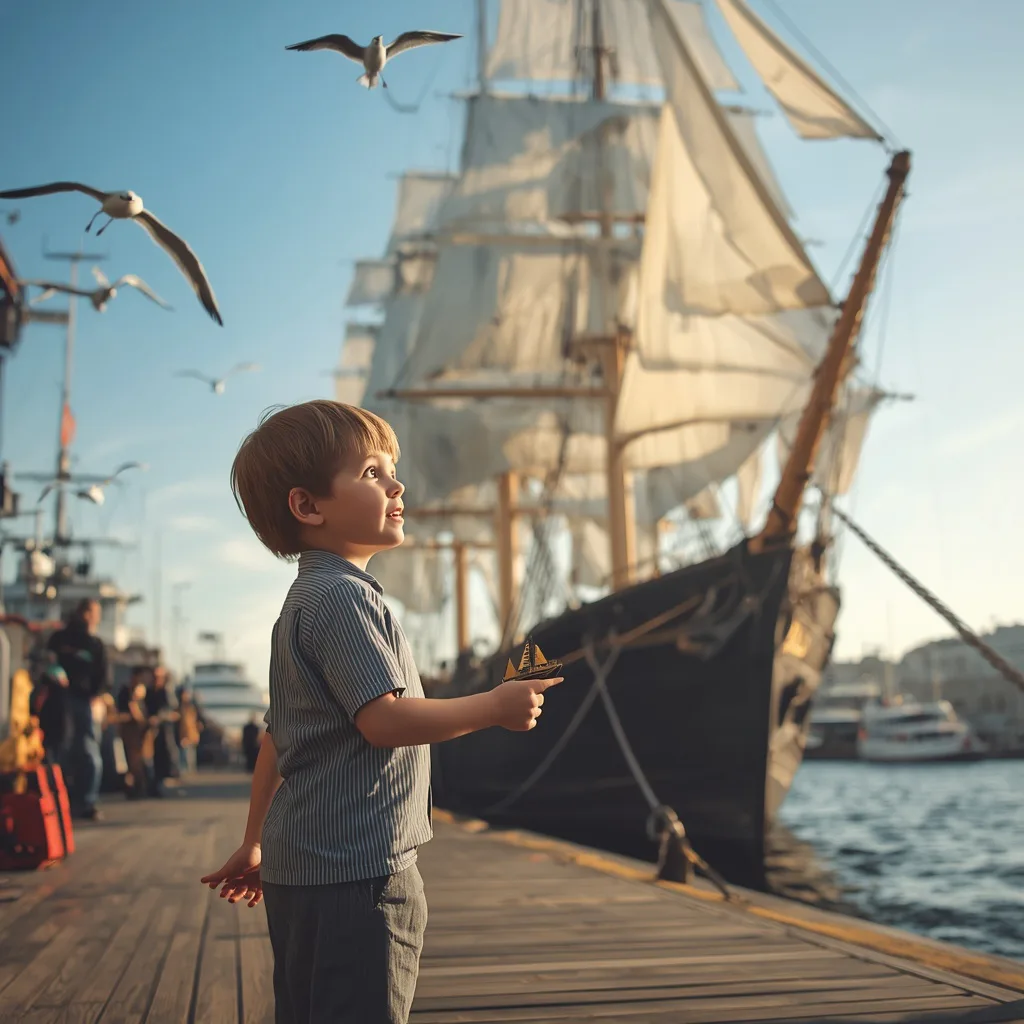 Young Boy's Eager Gaze at a Majestic Ship in Harbor – cute boy ai prompts – AI generated example