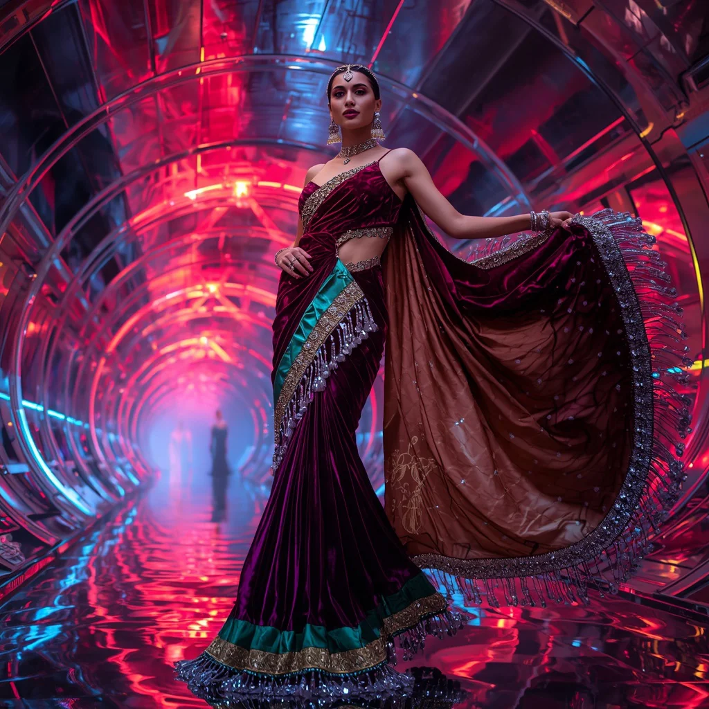 Aurora Velvet Crystal Saree with Luxury Reflection Neon Orbit Bridges | prompt for traditional look for girl chatgpt instagram — AI image prompt