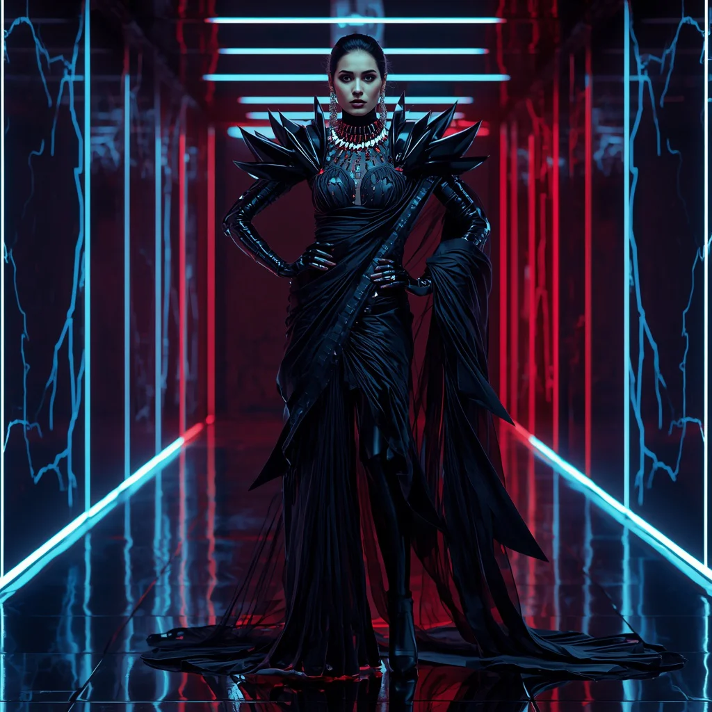 Black Neon Thunder Cyber Blade Armor Saree – Heavy Futuristic Glam Saree with Sharp Runway Pose and Lightning Grid Corridor Background | new ai prompt girl instagram — AI image prompt