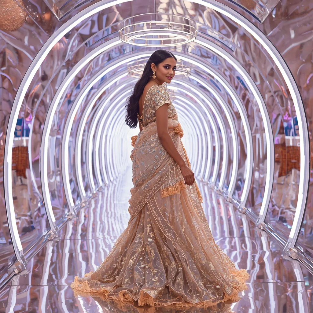 Champagne Aurora Crystal Saree with Curved Halo Reflection Prism Corridors | prompt for traditional look for girl instagram — AI image prompt