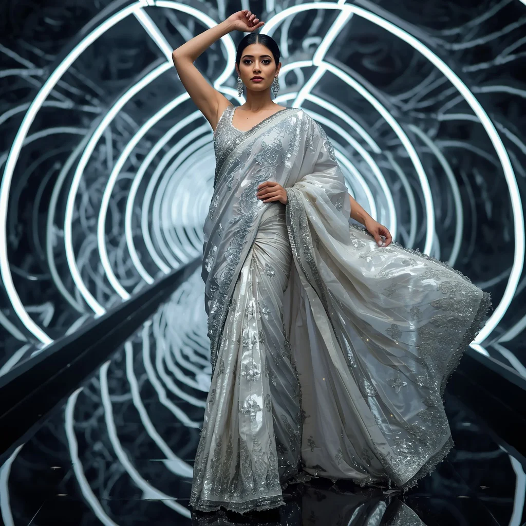 Cosmic Halo Saree with Ribbon Reflection Infinity Corridors | instagram trending prompt copy and paste — AI image prompt