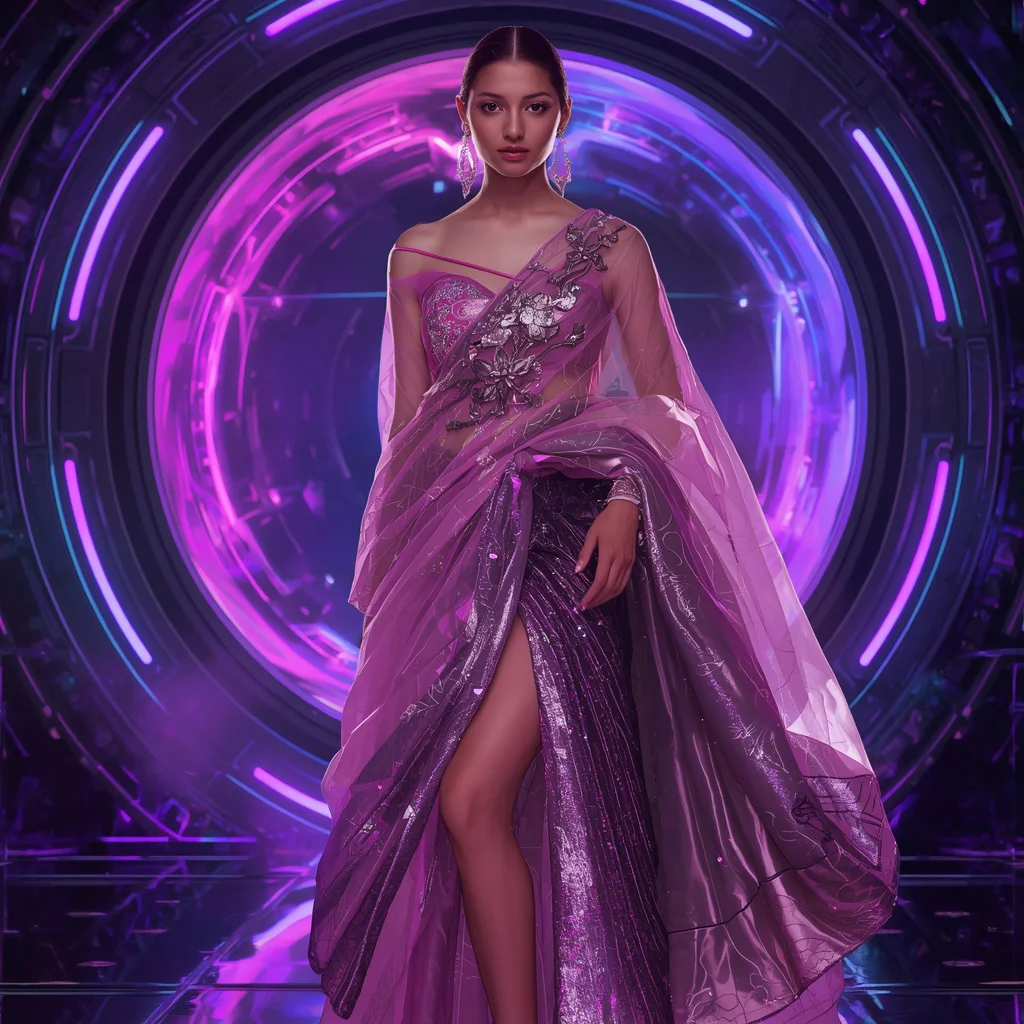 Cosmic Orchid Prism Apex Armor Saree with Floating Sphere Vault Energy Nexus Reactor Core | prompt for gemini ai girl modern saree instagram — AI image prompt