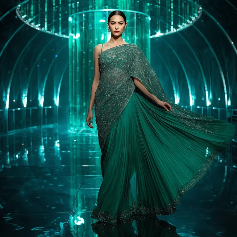 Emerald Crystal Waterfall Saree with Infinity Aqua Orbit | prompt seen saree girl — AI image prompt