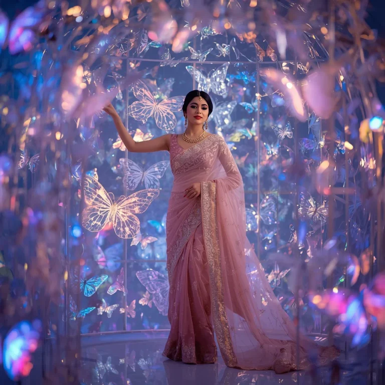 Fancy Festival Saree Crystal Aurora Butterfly Pavilion Portrait | prompt for gemini ai girl in saree 2026 download — AI image prompt