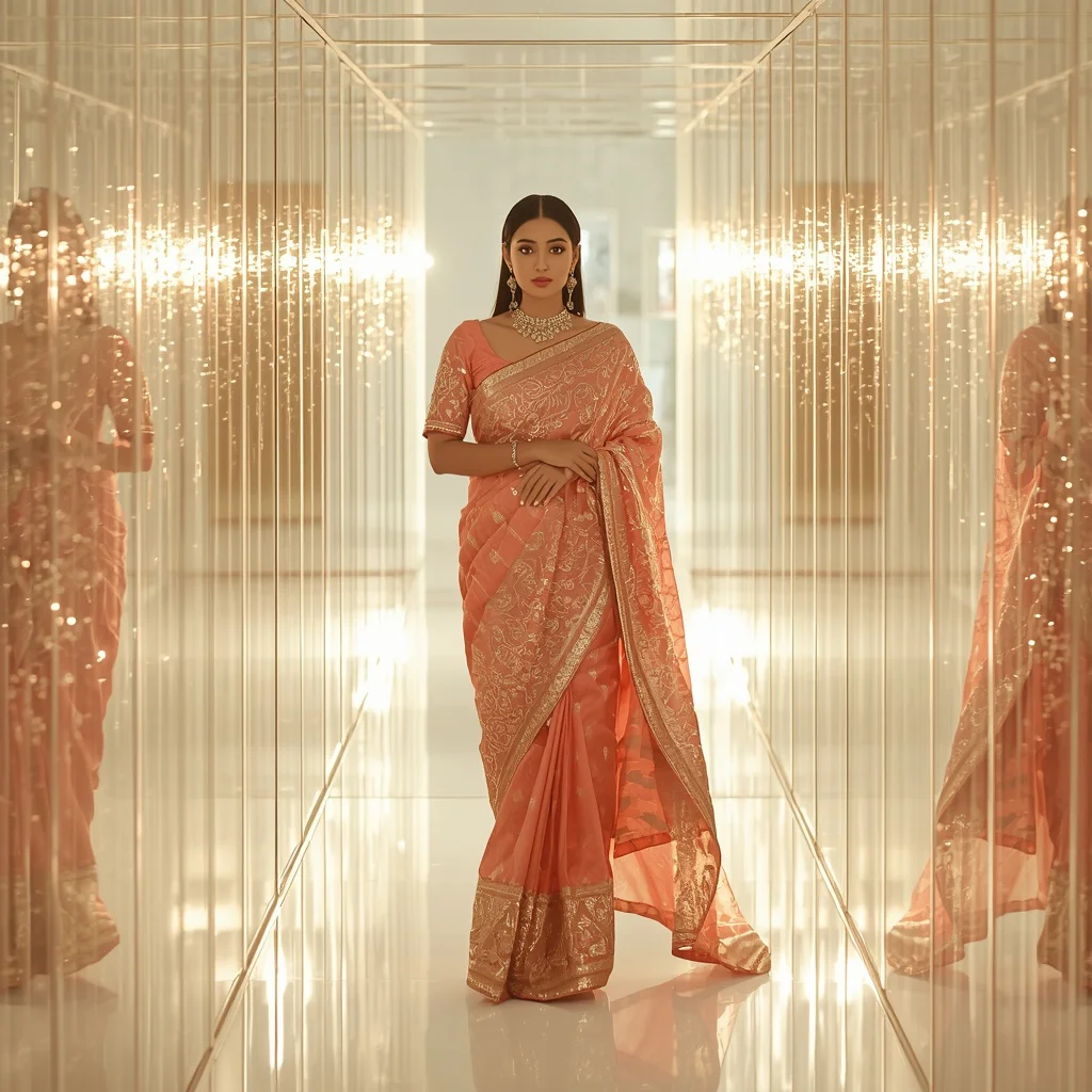 Fancy Festival Saree Crystal Sunlight Corridor Fashion Look | traditional saree prompt for girl instagram — AI image prompt