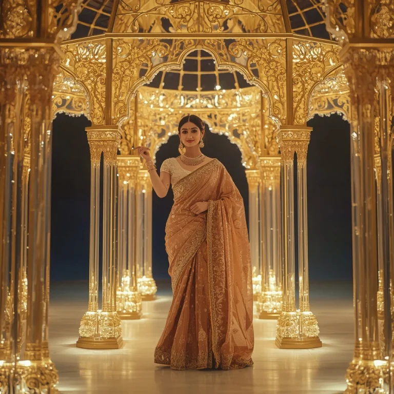 Festival Fancy Saree Golden Crystal Pavilion Fashion Glam | prompt for traditional look for girl chatgpt instagram — AI image prompt