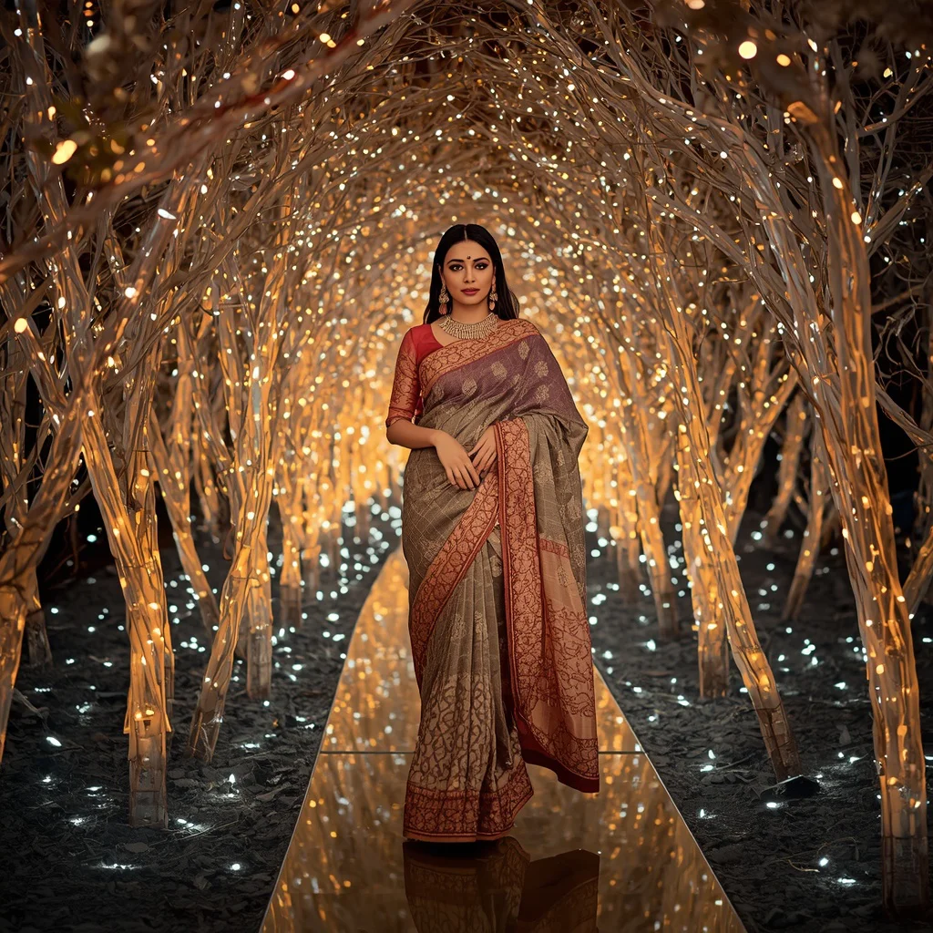Festive Fancy Saree Infinity Light Crystal Forest Portrait | traditional saree prompt for instagram for girl — AI image prompt
