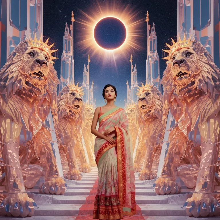 Festive Pastel Saree Prism Celestial Lion Solar Halo Eclipse Infinity Crown Sky Fortress Void Nexus Royal Haute Couture Mythic Fantasy Epic Collage | new ai prompt text — AI image prompt