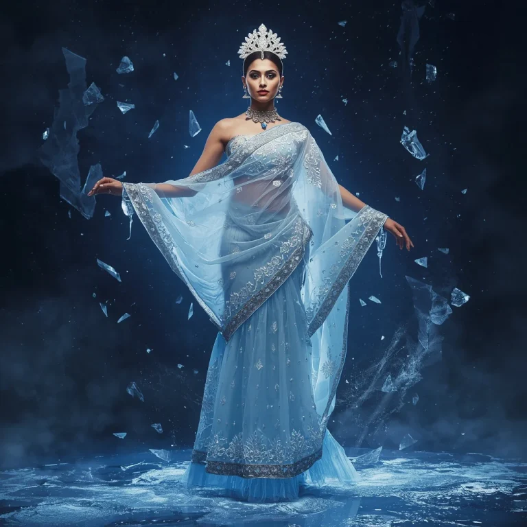 Ice Crystal Lotus Eternal Sovereign Goddess Saree Couture with Frozen Levitation Pose and Shattered Ice Universe Background | picture prompt — AI image prompt