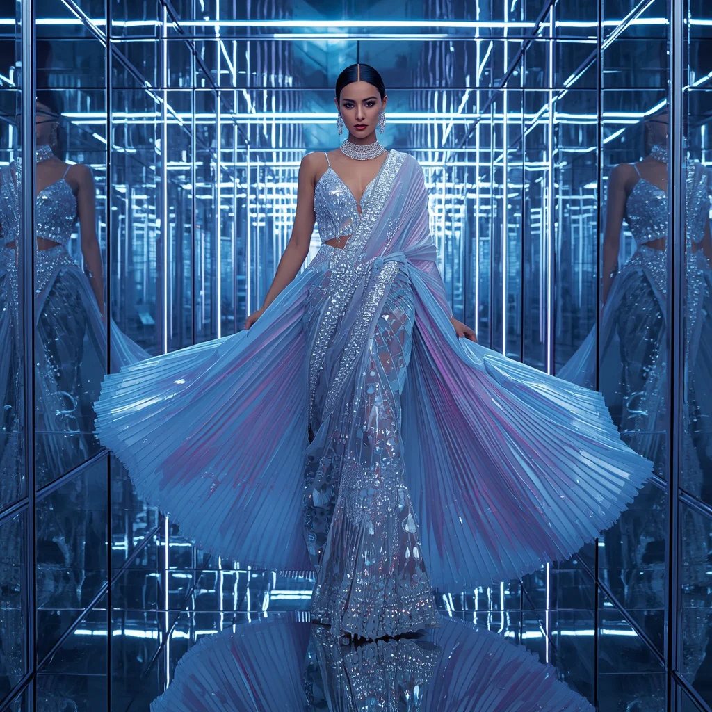 Platinum Frost Mirror Saree with Infinity Orbit Reflection Geometry Corridors | instagram trending prompt copy and paste — AI image prompt