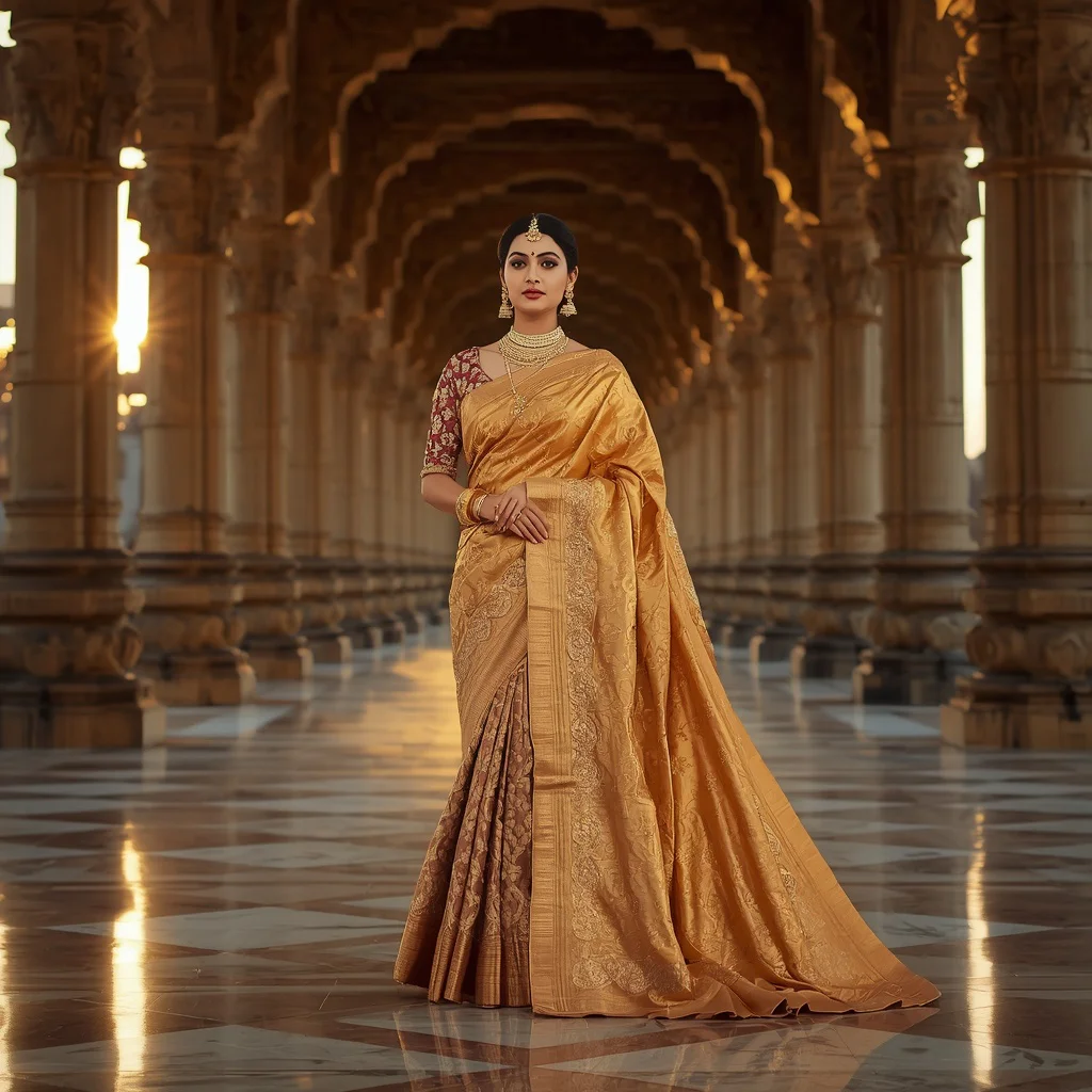 Royal Heritage Antique Gold Kanjivaram Saree Fashion with Grand Temple Palace Corridor Background | prompt for girls trending — AI image prompt