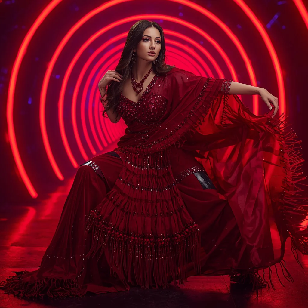 Ruby Eclipse Quantum Infinity Armor Saree with Neon Ribbon Tunnel Vault Collapse Core Nexus | new photo trend on instagram prompt — AI image prompt