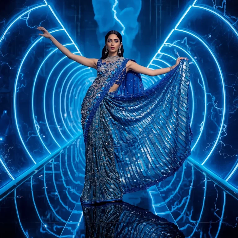 Sapphire Thunder Mirage Saree with Electric Infinity Hall | prompt perfect — AI image prompt