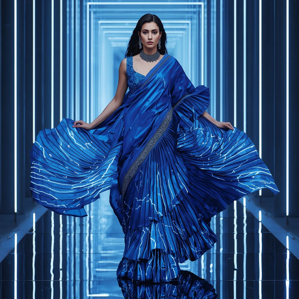 Sapphire Thunder Mirage Saree with Floating Laser Reflection Corridor | instagram trending saree prompt — AI image prompt