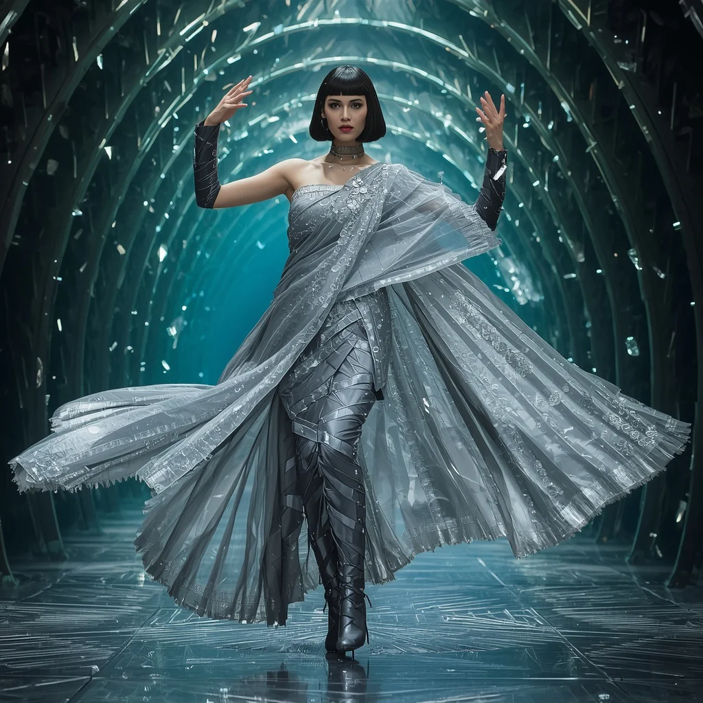 Titanium Nebula Fragment Quantum Armor Saree with Arc Corridor Hypermatrix Grid Collapse | prompt for gemini ai girl modern saree instagram — AI image prompt