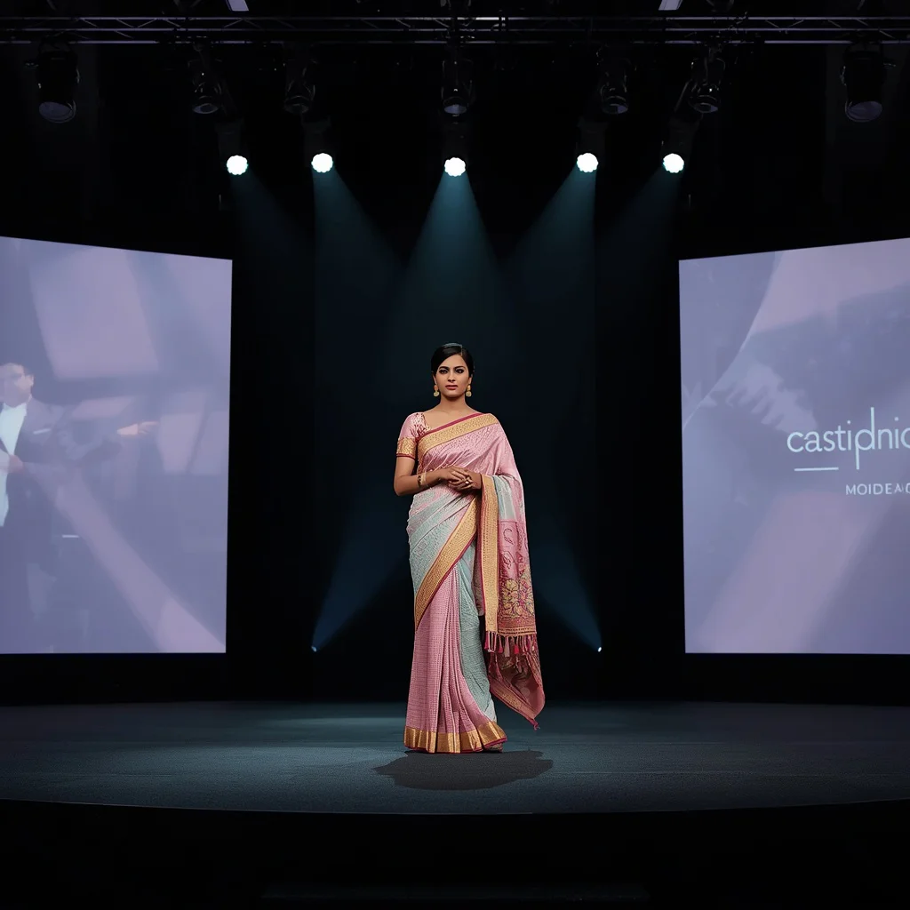 Ultra Modern Festive Pastel Saree Corporate Luxury Conference Stage Public Speaking Fashion Editorial Scene | saree prompt generator — AI image prompt