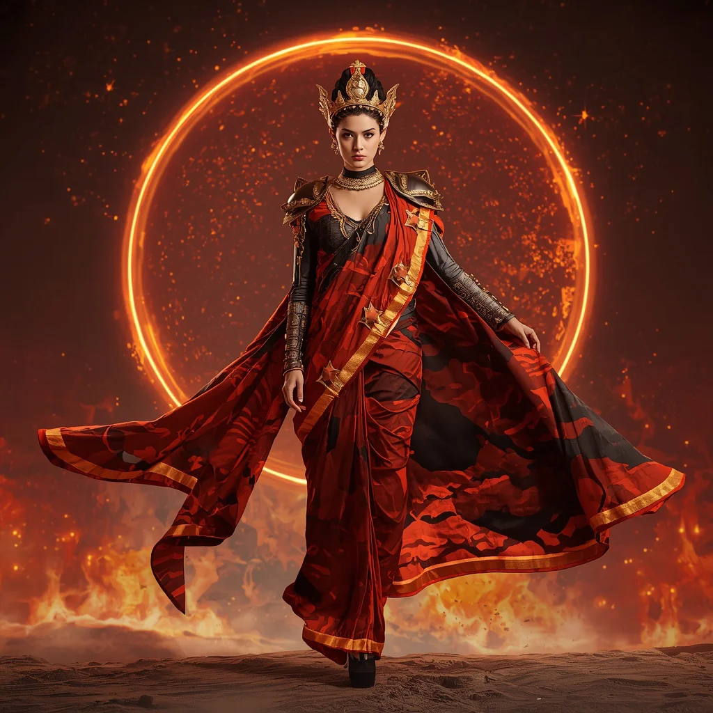 Volcanic Star Core Saree with Orbital Magma Energy Crown System | prompt seen trending girl instagram — AI image prompt