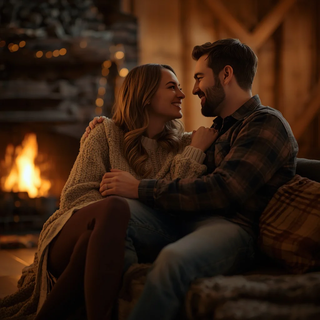 A Couple’s Cozy Evening by a Crackling Fireplace — AI image prompt