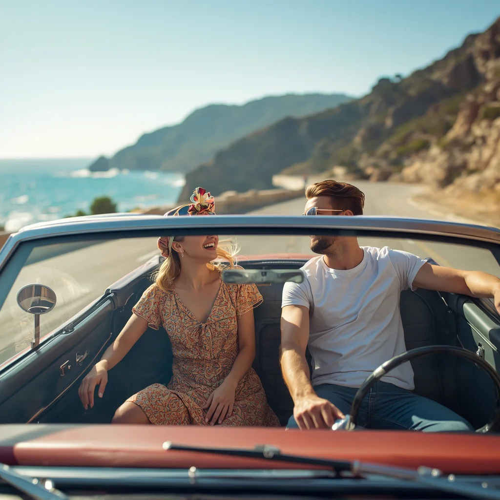 A Couple’s Playful Escape in a Vintage Car — AI image prompt