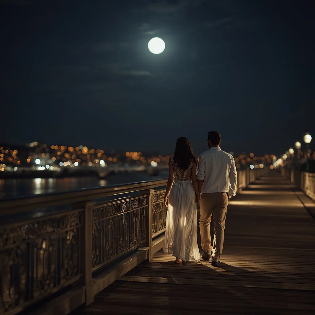 A Couple’s Romantic Moonlight Stroll on a Bridge — AI image prompt
